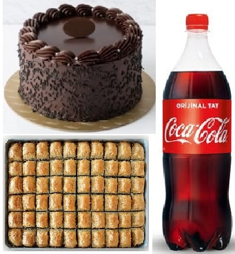Bol Malzemeli Çikolatalı Pasta Baklava ve Soğuk İçecek Paketi pasta